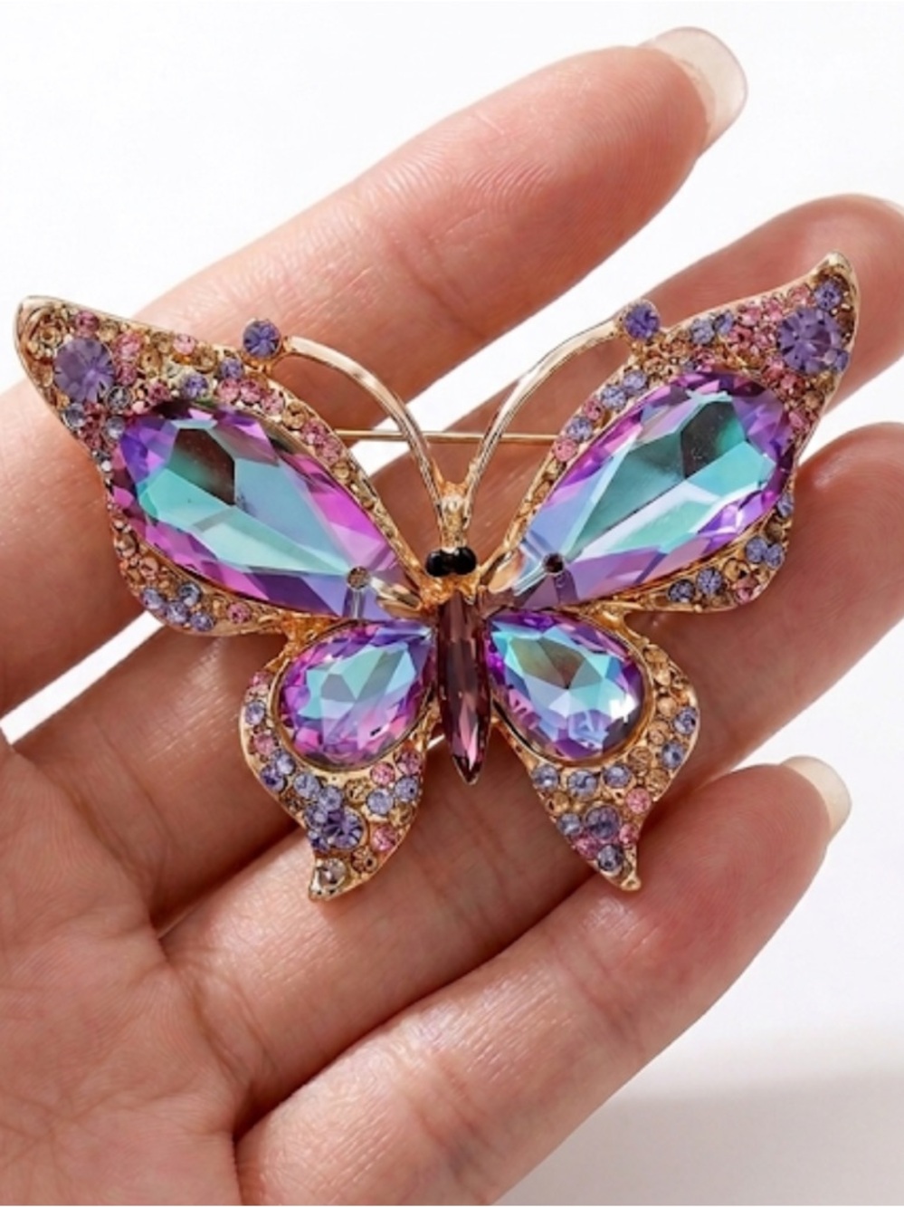 Iridescent Crystal Butterfly Brooch Gold Tone Purple Teal Rhinestone Pin New